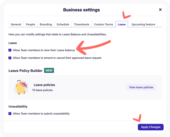 Leave balance permissions in Business Settings (classic)