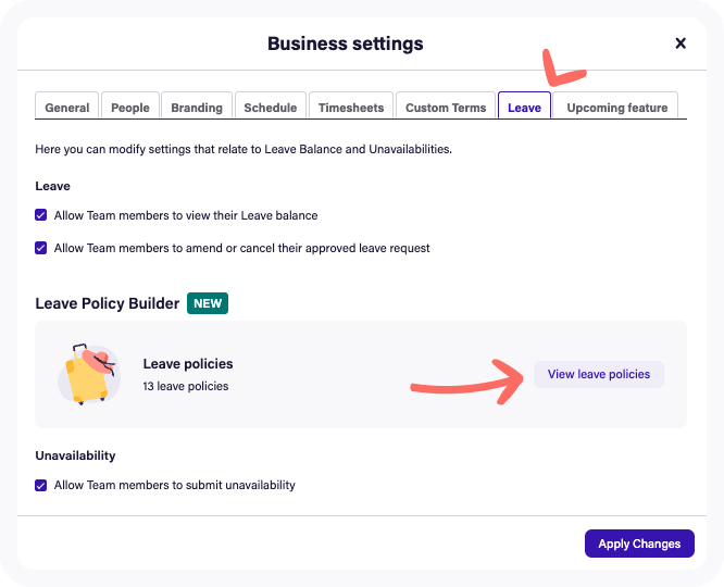 Leave policies in Business Settings (classic)