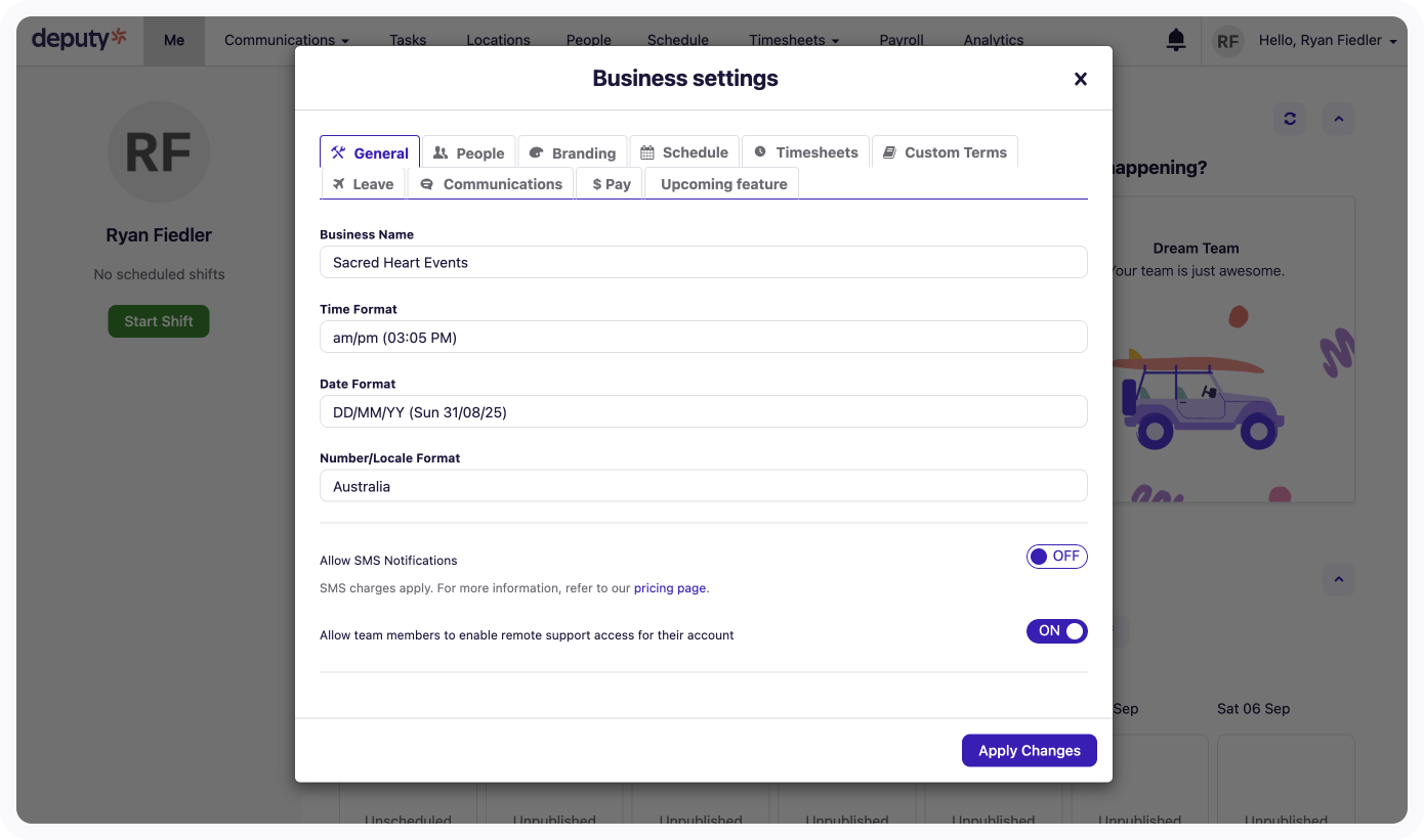 General tab of business settings classic.