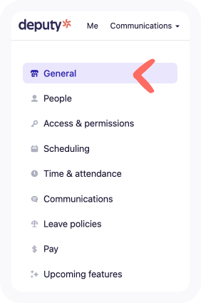 Business settings list of all tabs with arrow pointing to General.