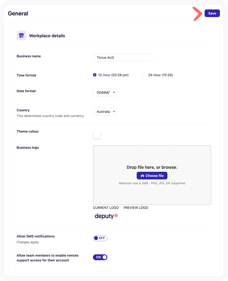 General tab's Workplace details section of Business settings with an arrow pointing to the Save button.