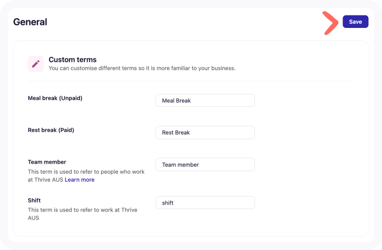 General tab's Custom terms section of Business settings with arrow pointing to Save.