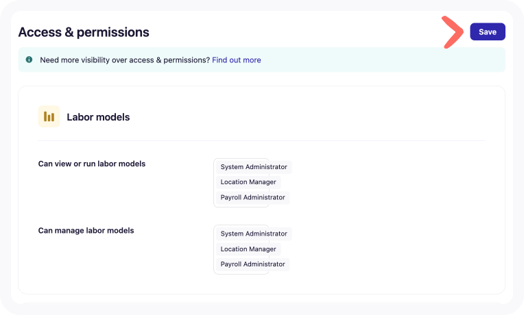 Labor models section of the Access & permissions tab of Business settings with arrow pointing to Save.