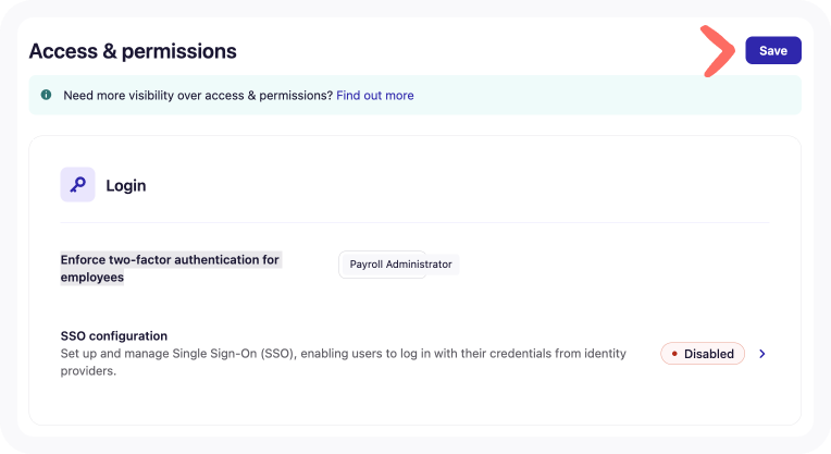 Login section of the Access & permissions tab of Business settings with an arrow pointing to Save.