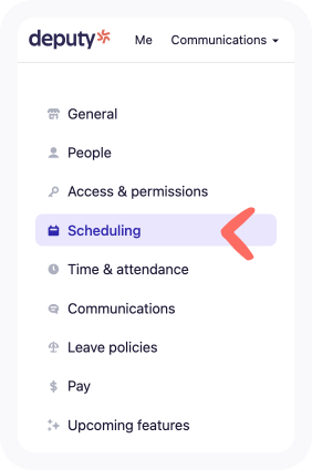 Business settings list of all tabs with arrow pointing to the Scheduling tab.