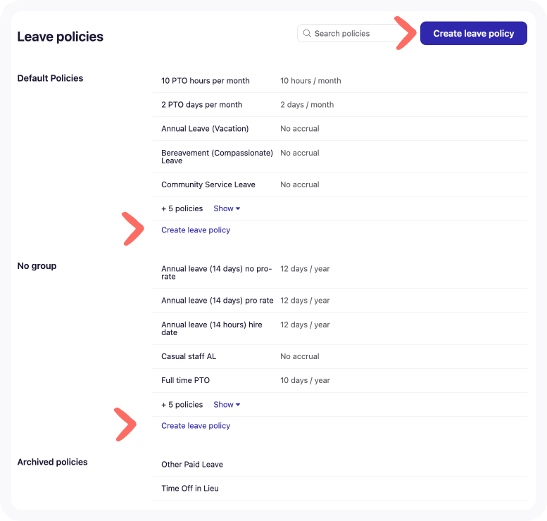Leave policies tab of US and UK Business settings with arrows pointing to Create leave policy.
