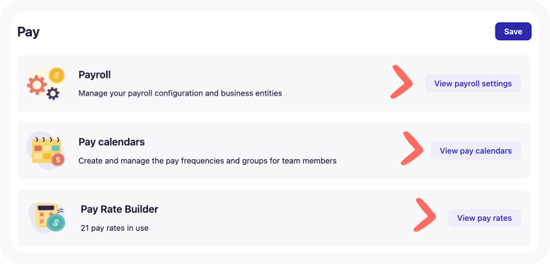 Arrows pointing to the Pay tab's Pay section options in Business settings.