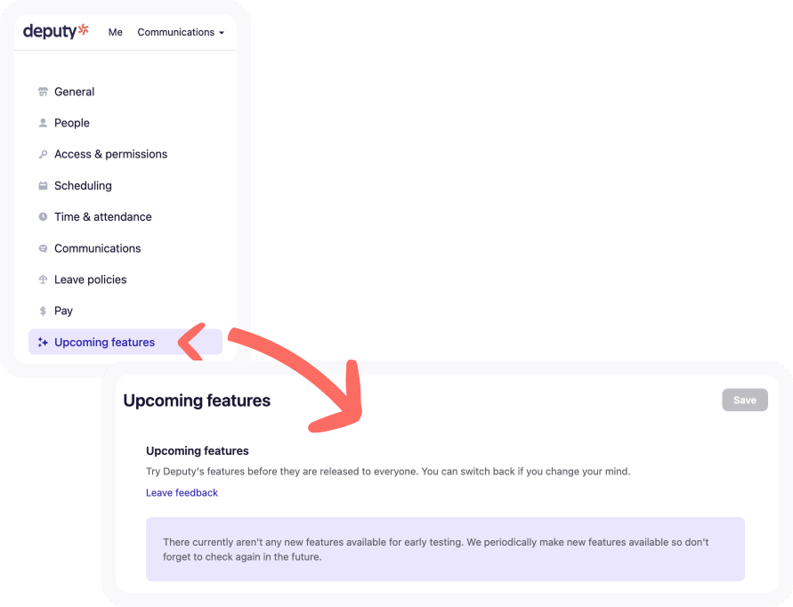 Upcoming features tab in Business settings with arrow pointing at the tab and into the Upcoming features section.