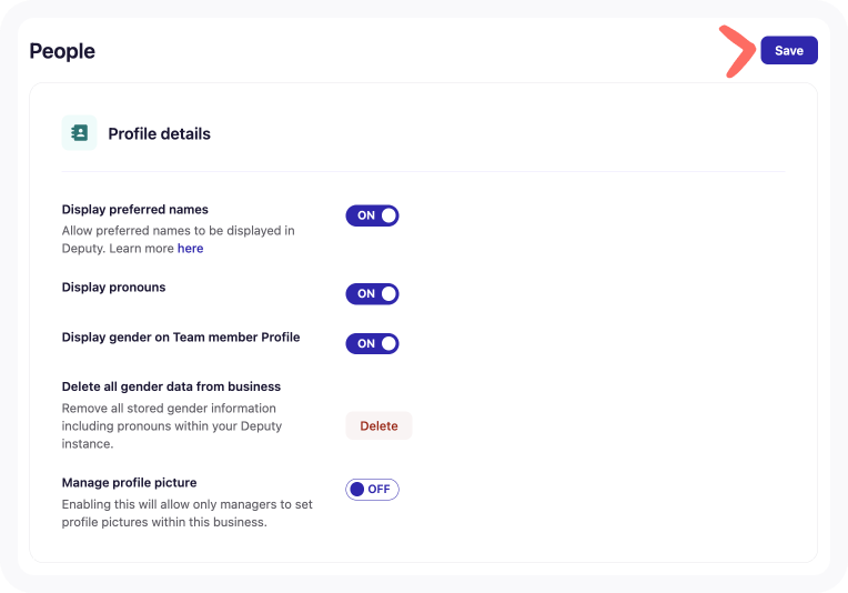 People tab's Profile details section of Business settings with arrow pointing to Save.