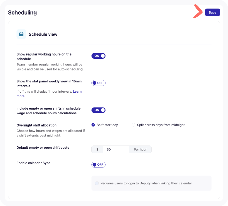 Schedule view section of the Scheduling tab of Business settings with arrow pointing to Save.