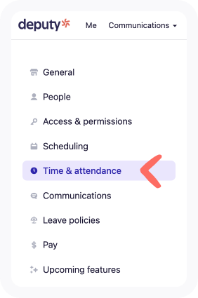 Business settings list of all tabs with arrow pointing to Time & attendance tab.