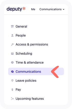 Business settings list of all tabs with arrow pointing to the Communications tab.