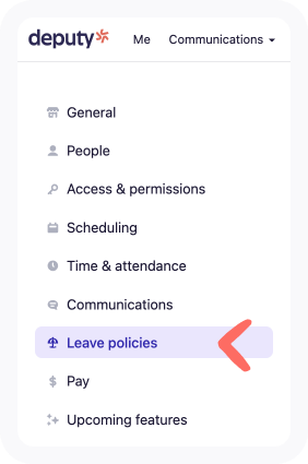 Business settings list of all tabs with arrow pointing to the Leave policies tab.