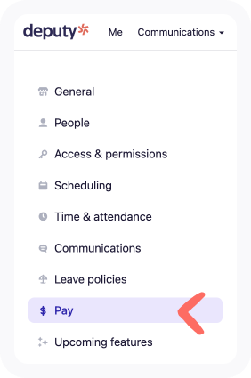 Business settings list of all tabs with arrow pointing to the Pay tab.