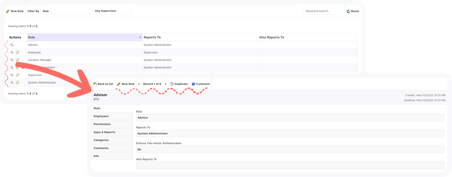 screenshot of custom access levels dialog and dialog with Advisor selected
