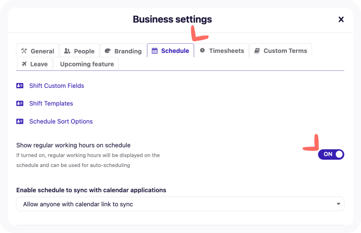 Business settings show regualr working hours on schedule.png