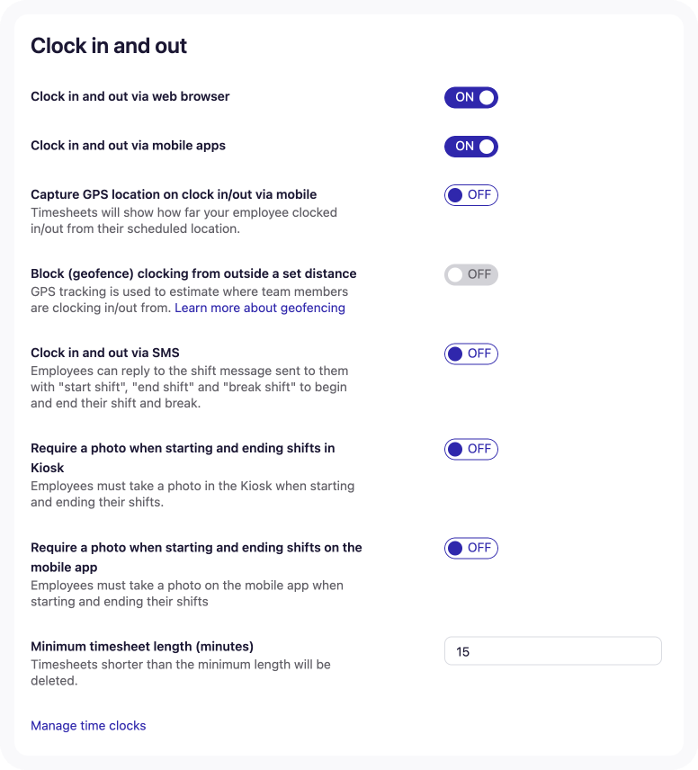 Screenshot of Locations Timesheets Clock in and out settings