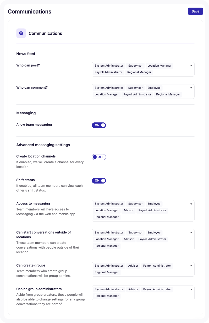 News feed, Messaging and Advanced messaging settings of the Communications tab of Business settings.