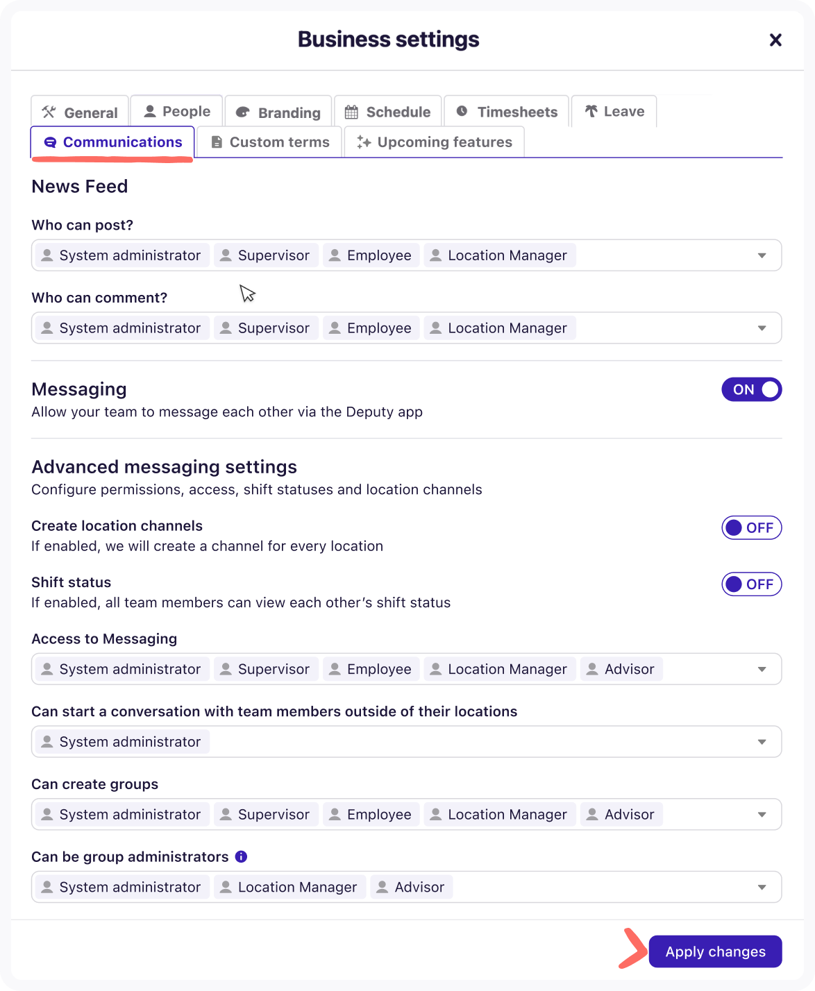 Communications tab in Business settings classic.