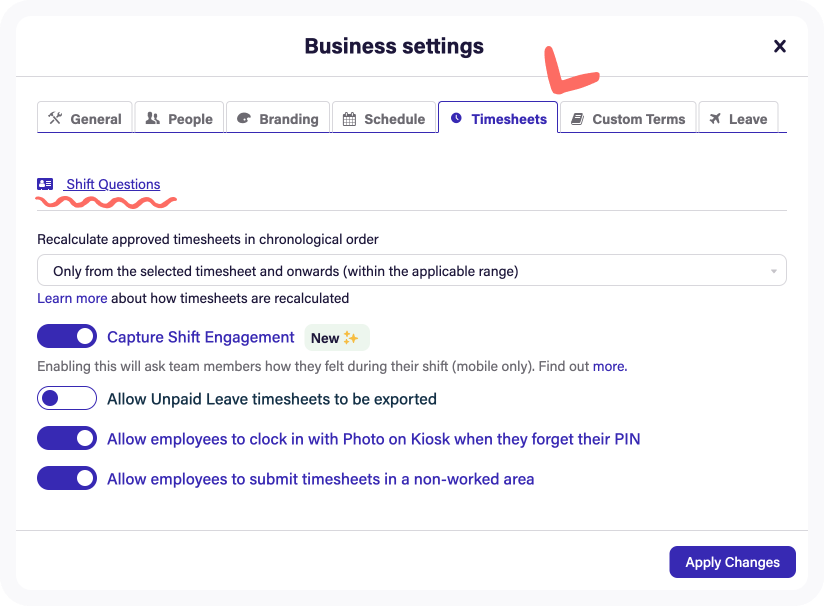Screenshot of step 1 showing classic business settings.