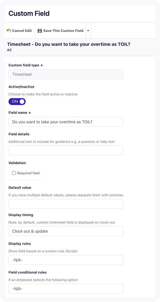 Screenshot of custom shift question settings configuration for TOIL, as in steps 1 to 14.