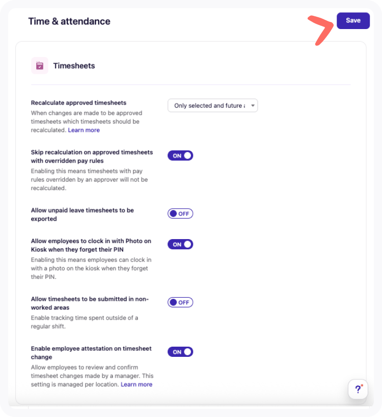 Timesheets section of the Time & attendance tab of Business settings with arrow pointing to Save.