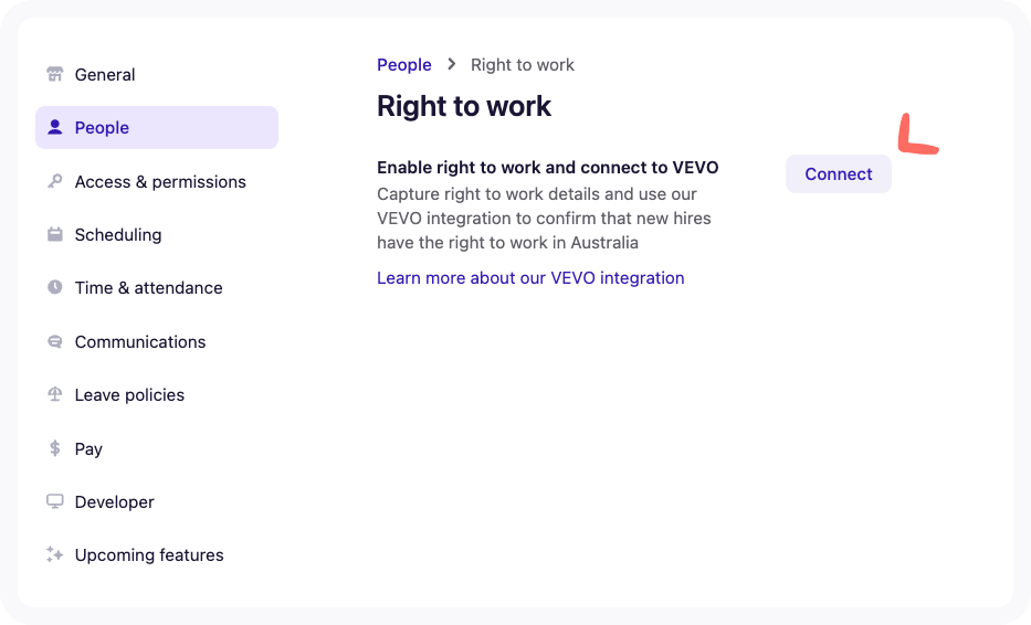 Right to work section on the "People" tab, with arrow pointed to Connect button
