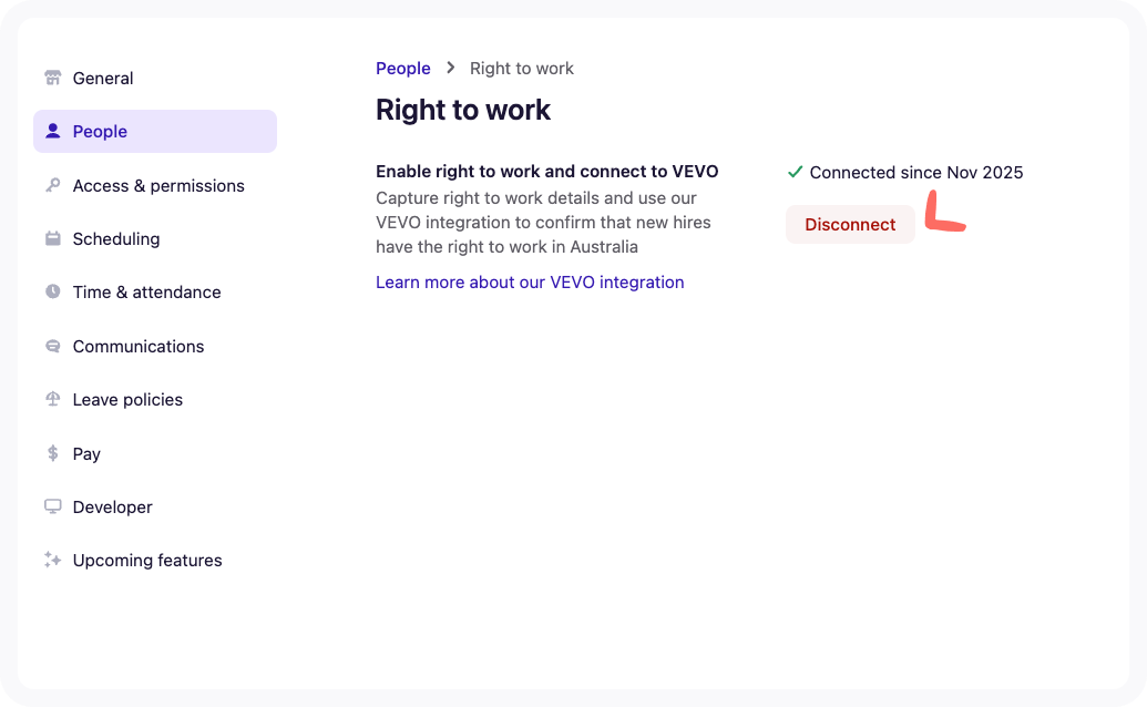 Right to work button on the People tab, with arrow pointed at Disconnect button