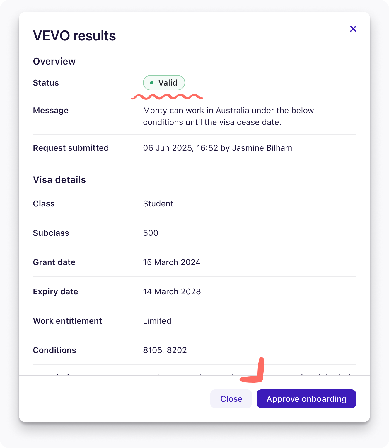 VEVO results page showing the status results and the Approve onboarding button
