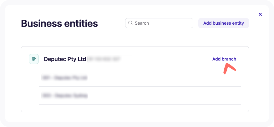 Screenshot of Business details of an entity indicating where to click to add a branch - multi entity.png
