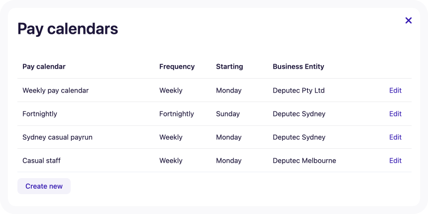 Screenshot of Pay Calendar page in Business Settings showing 4 pay calendars.png