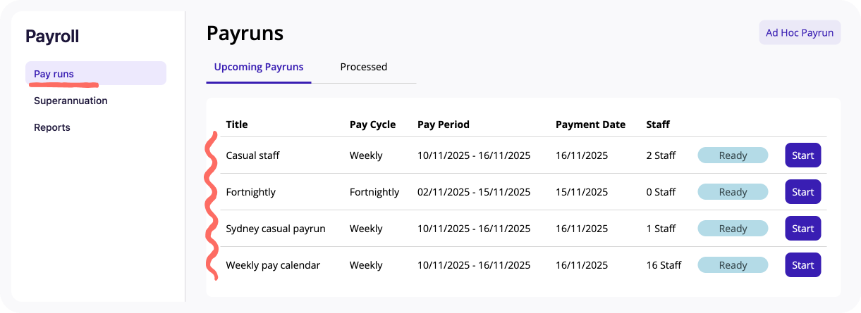 Screenshot of Pay runs screen pointing to 4 pay calendar pay runs.png