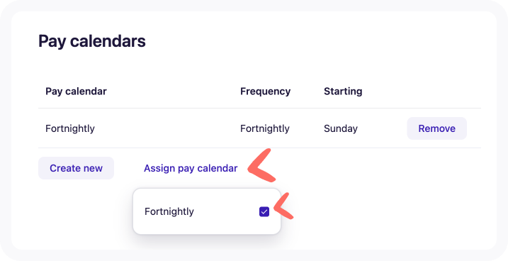 Screenshot of assigning a pay calendar to a branch from the Assign pay calendar drop-down.png