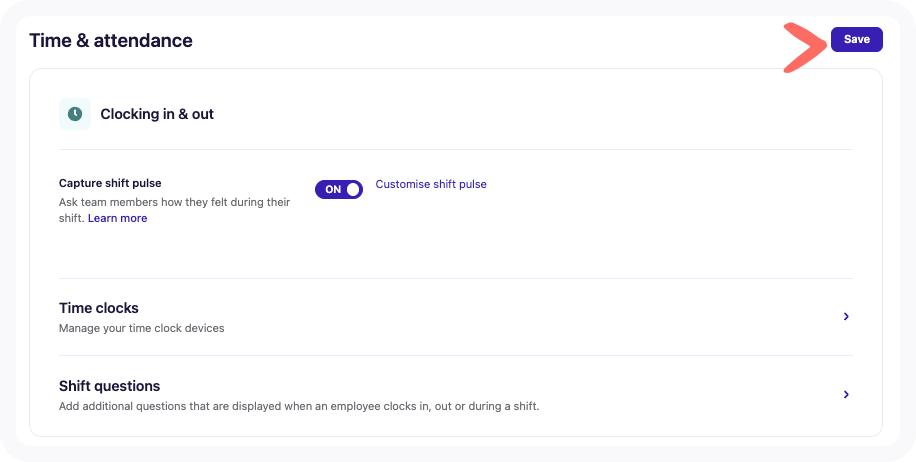 Time and attendance clocking in and out business settings with arrow pointing to save.png