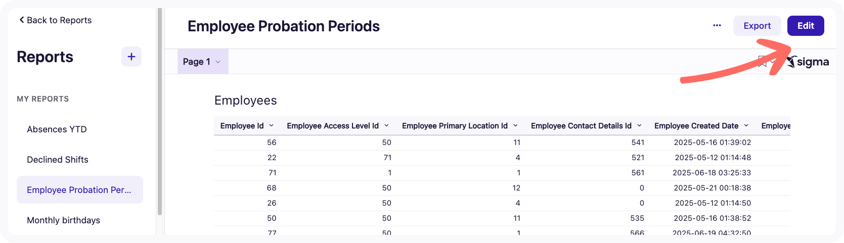 Screenshot of the Edit button in an Analytics+ report.
