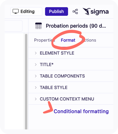 Screenshot of format tab and conditional formatting, as referenced above.