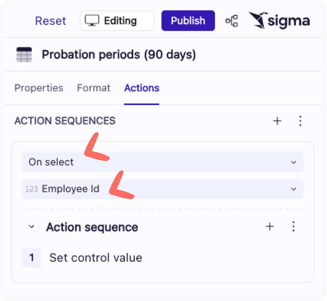 Screenshot of the Action sequences drop-down menus, as referenced above.