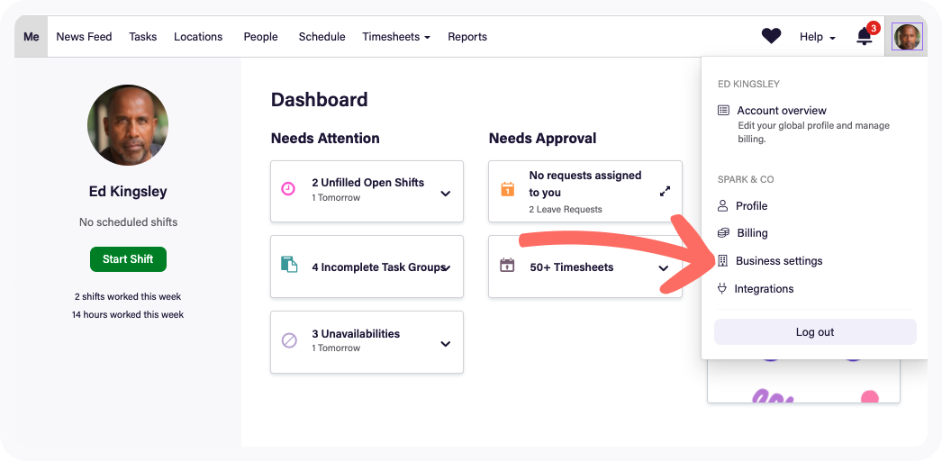 Me tab with top right corner dropdown menu under name showing all menu options with arrow pointing to Business settings.