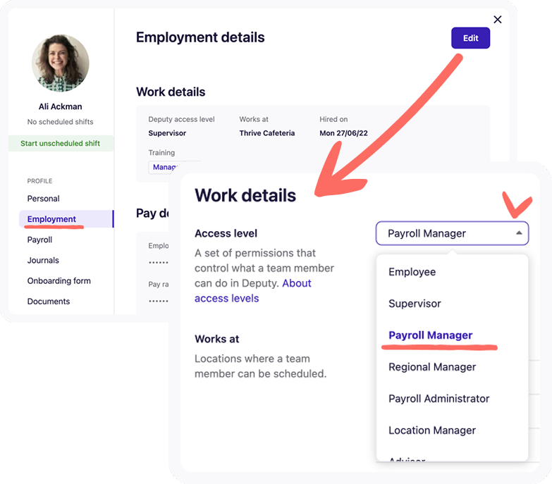 Selecting Payroll Manager from Access Level drop-down in context of employee profile.png