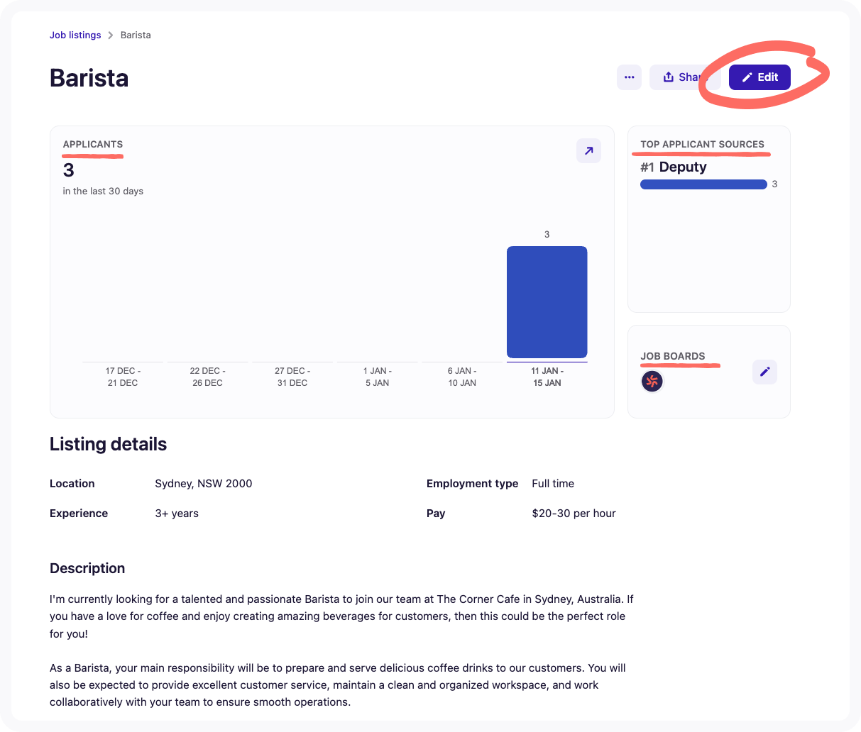Screenshot of read-only version of job listing.
