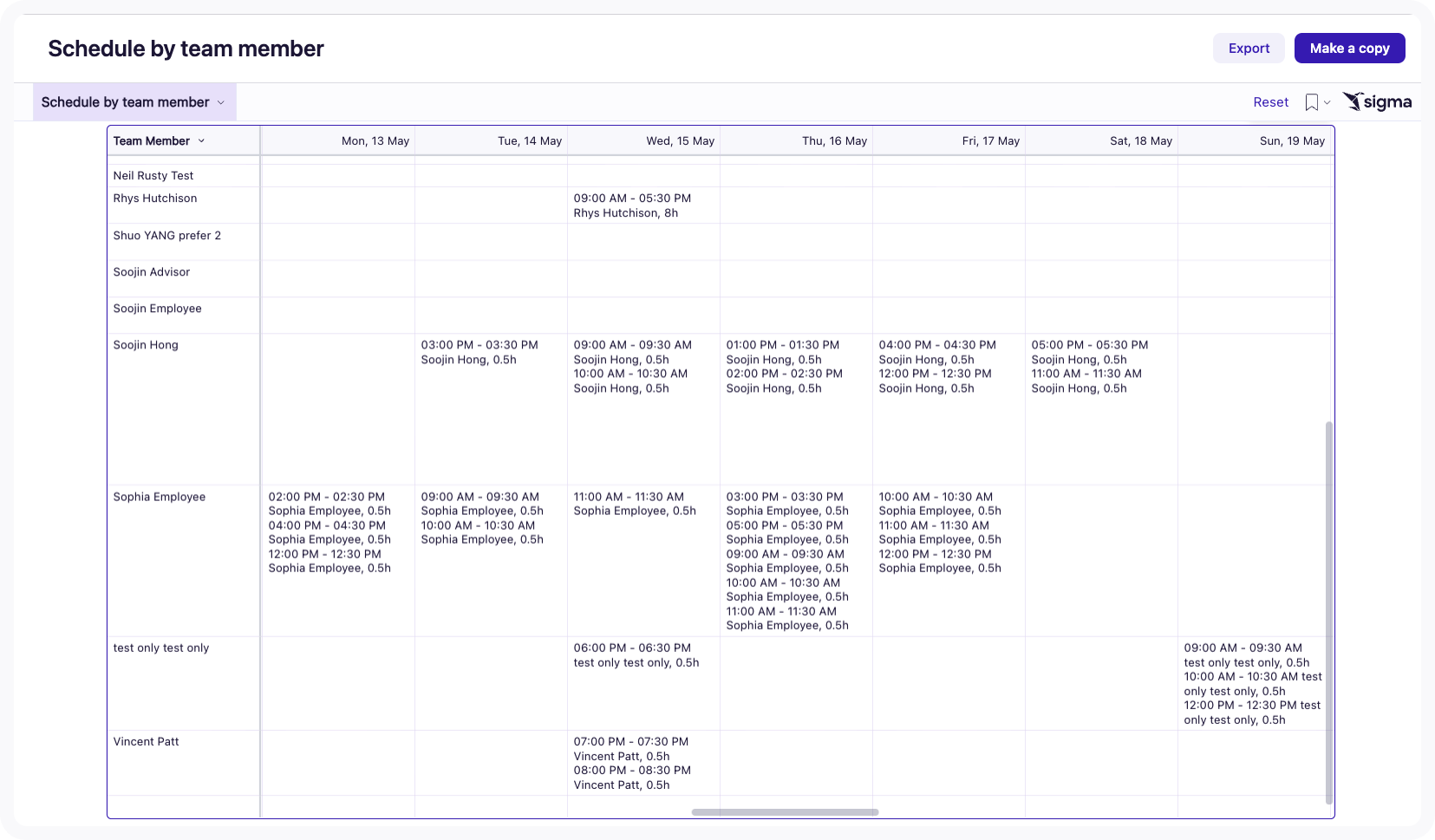 Screenshot of the table included in the Schedule by team member report.
