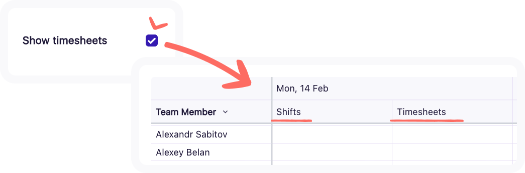 Screenshot of the view if you've selected the filters checkbox for "Show timesheets".