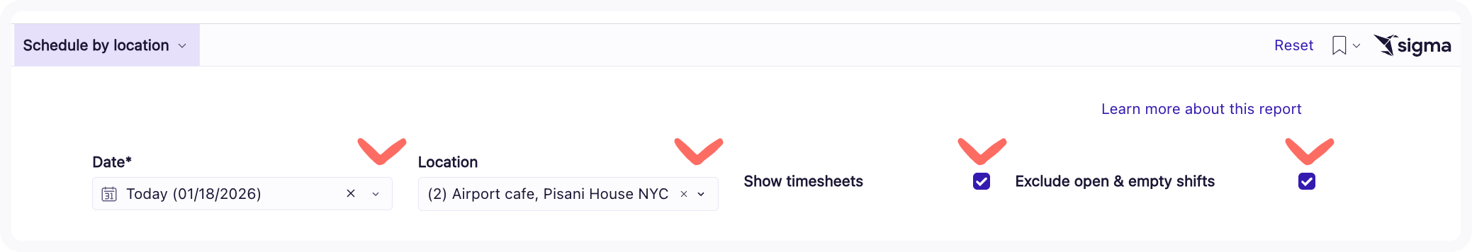 Screenshot of available data filters for this report.