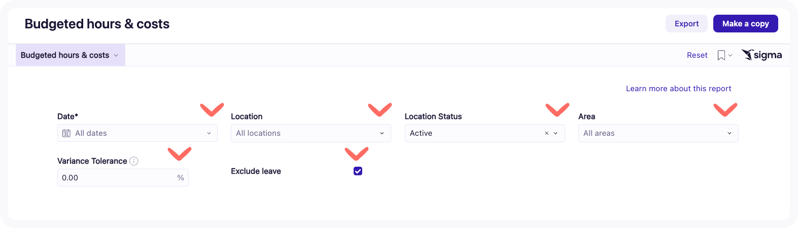 Screenshot of filters for the Budgeted hours & cost report.