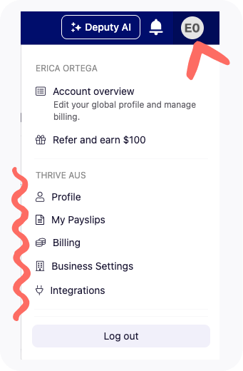 Screenshot of expanded profile dropdown 
