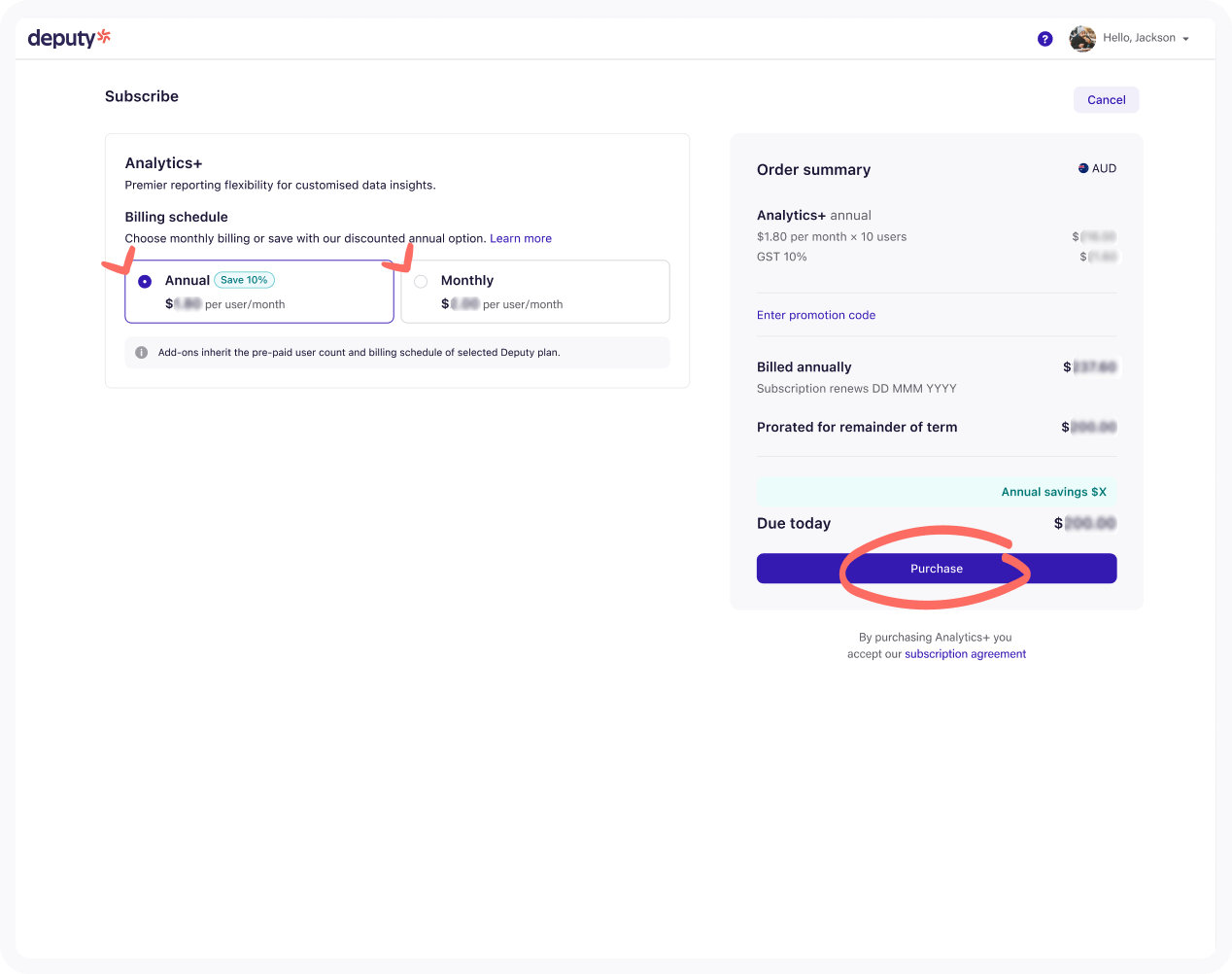 Screenshot of Annual payment options.