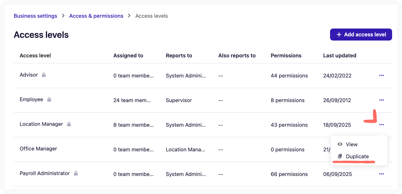 Screenshot of where to find the Duplicate button on the Access levels page.