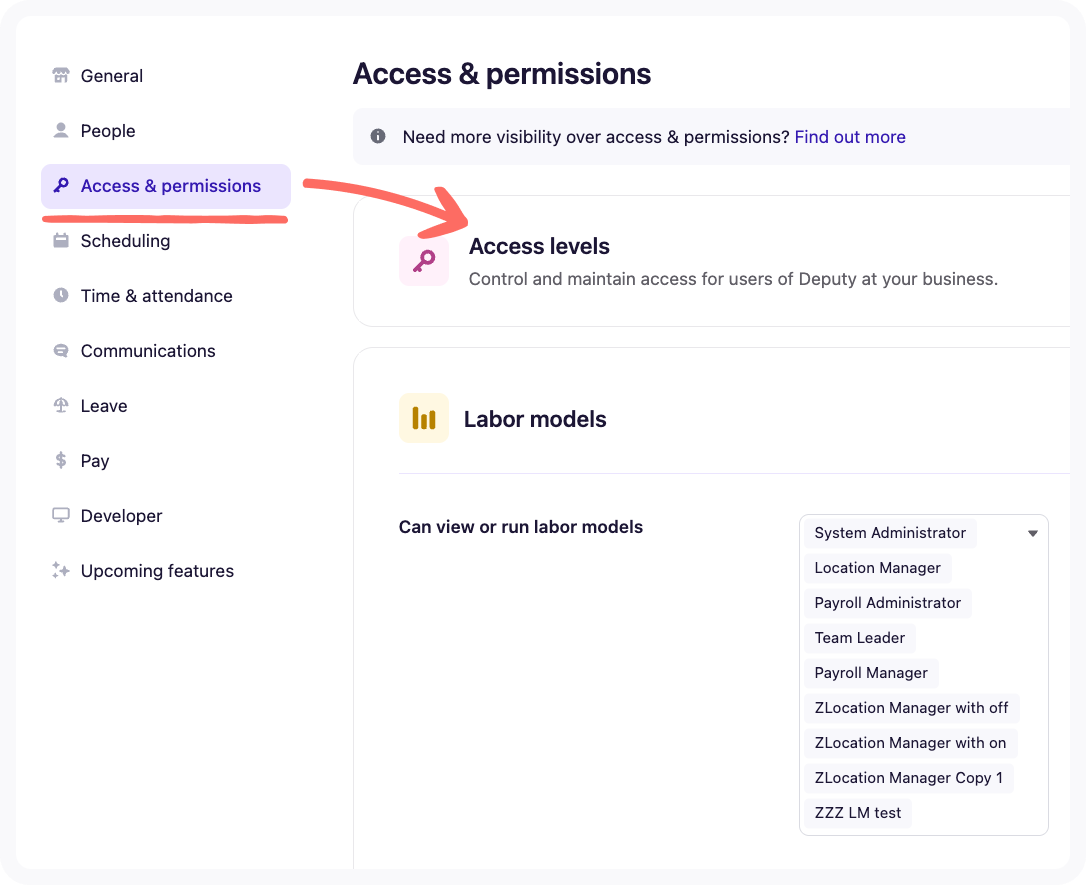 Screenshot of Access & permissions tab in Business settings.