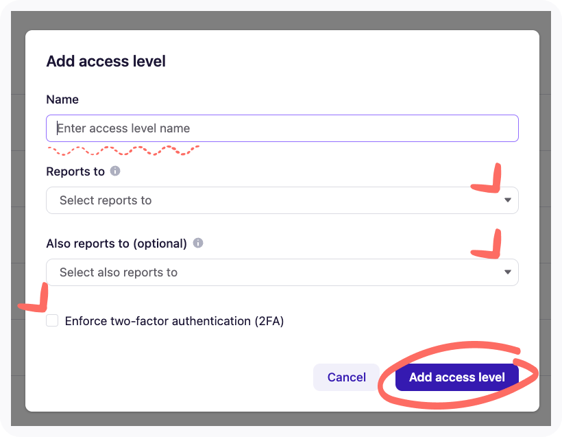 Screenshot of Add access level window, including editable details fields.