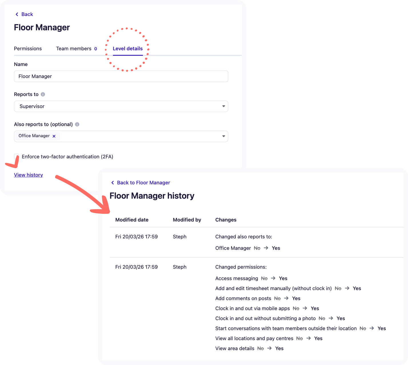 Screenshot of the View history screen for custom access levels.